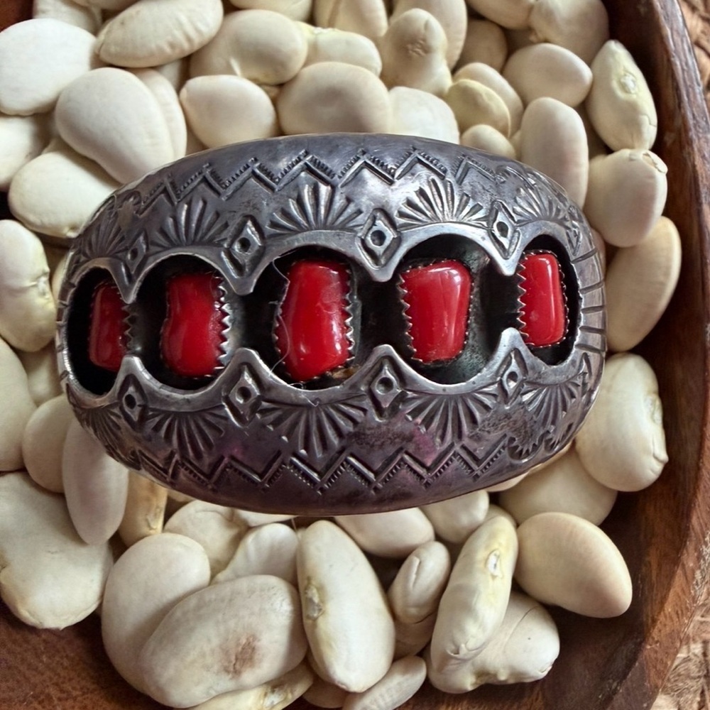 Signed Coral Shadow Box Cuff Navajo Vintage